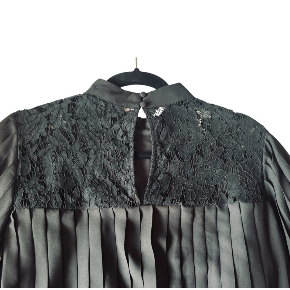 Black Pleated Chiffon Blouse | Lace Detail Mock Neck | Medium Romantic Flowy Top - Picture 13 of 13